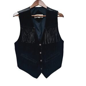 Mona Mode Black Leather Fringe Vest Size M Vintage Circa 1980 Biker Western Boho